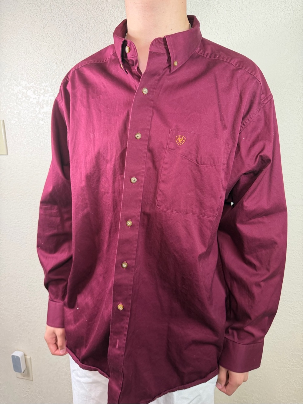 Ariat Mens XXL Burgundy Button Down Shirt Long Sleeve 100% Cotton Western - Picture 4 of 15